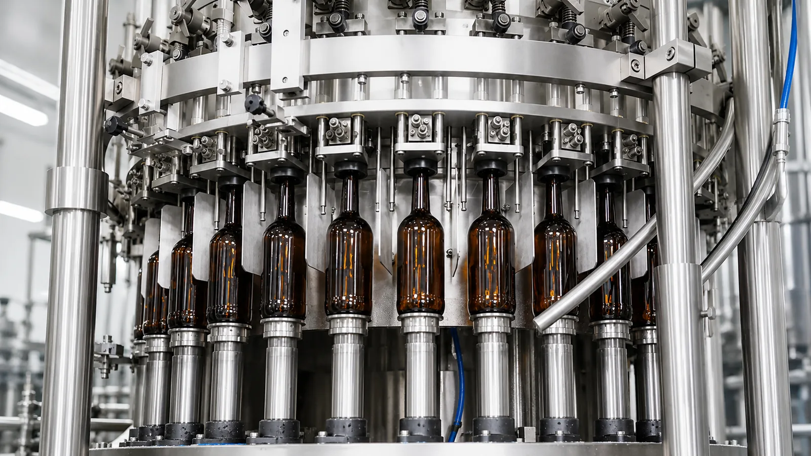 Amber glass beer bottles inside a rotary filling machine