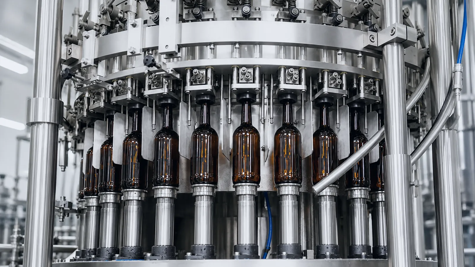 Amber glass beer bottles on rotary filling machine at Planet Machinery