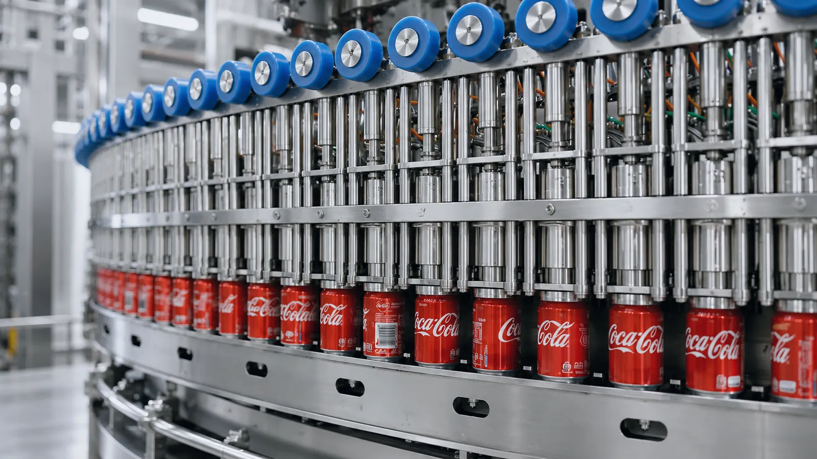 Canned soft drinks on rotary filling line at Planet Machinery