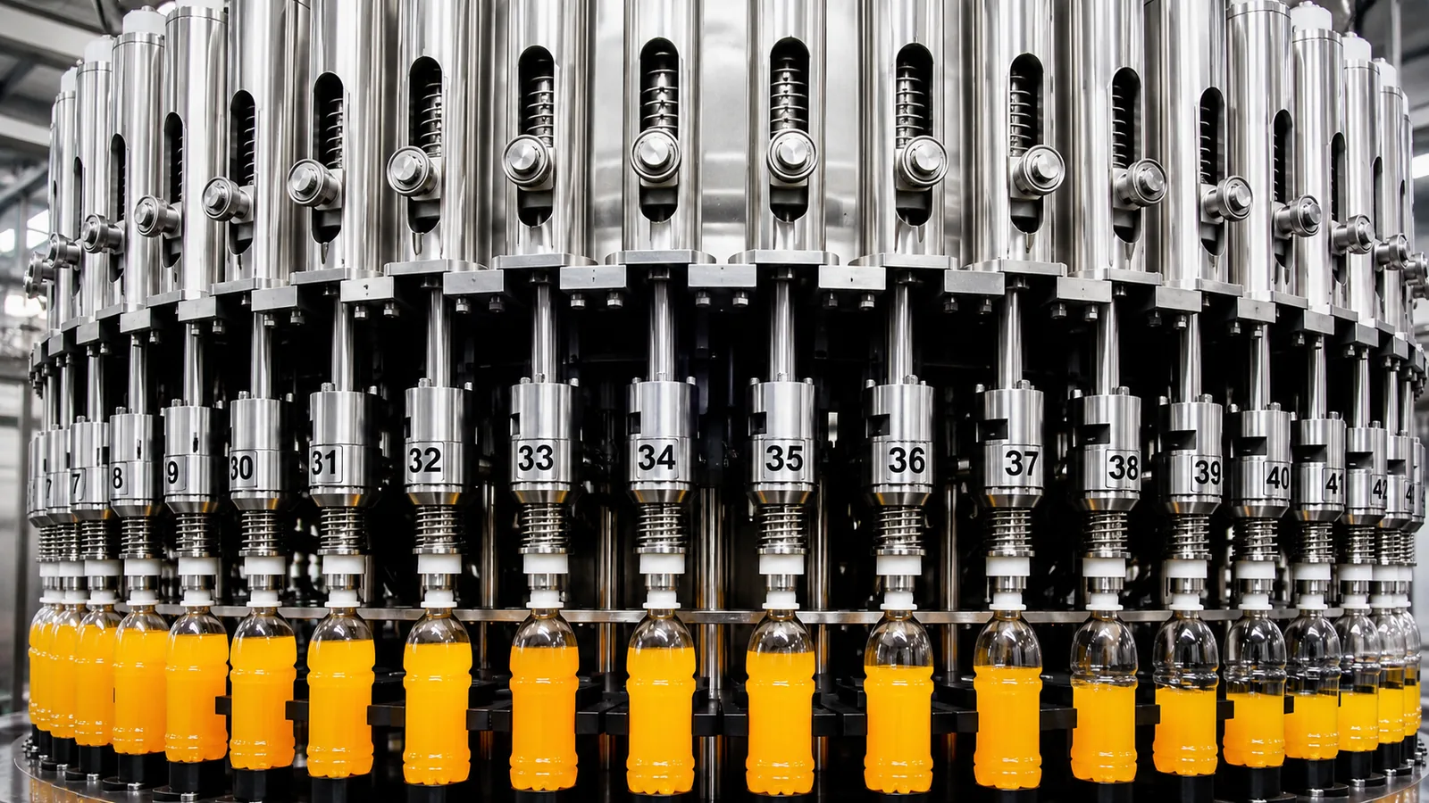 Orange juice bottles on rotary filling machine with numbered filling valves at Planet Machinery