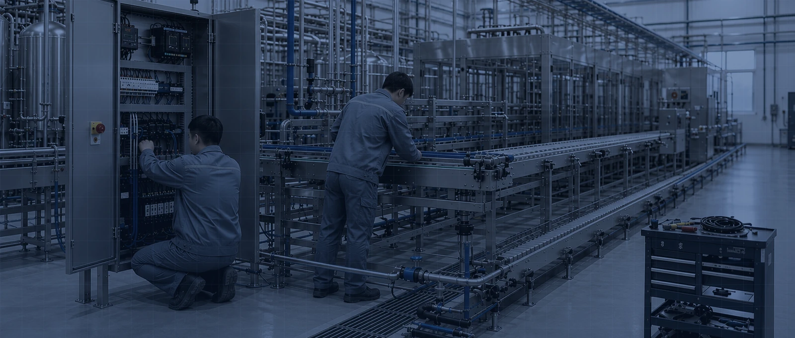 Technicians commissioning a Planet Machinery filling line during installation and production ramp-up