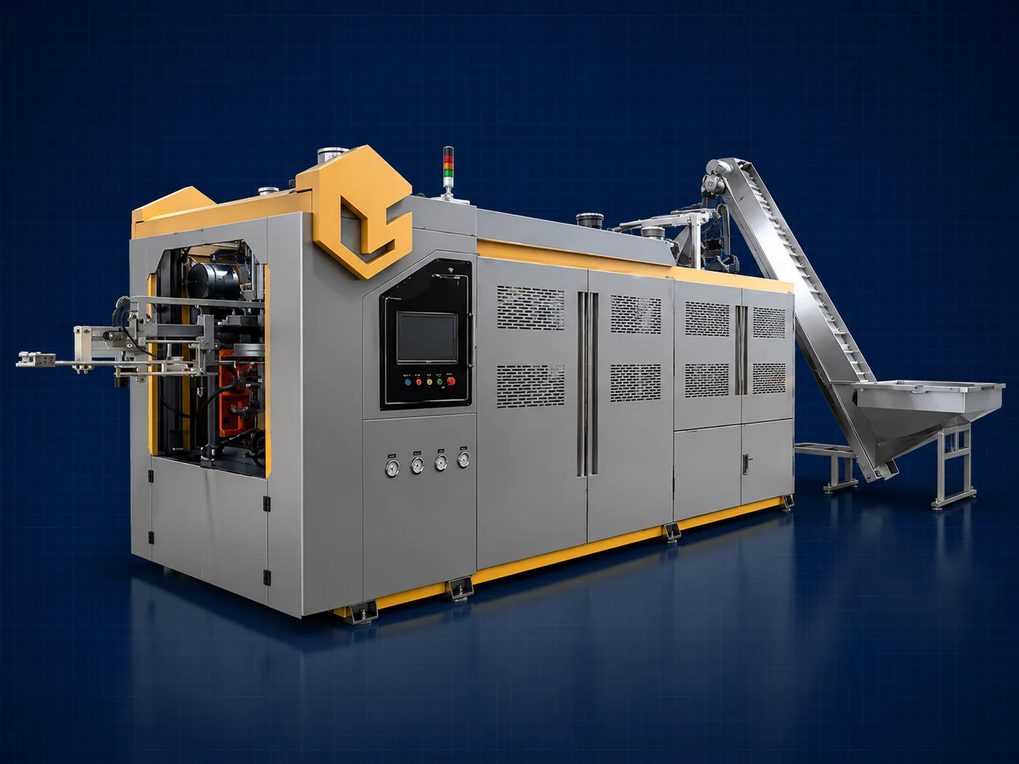 PET bottle blow molding machine with preform elevator and automated infeed, Planet Machinery