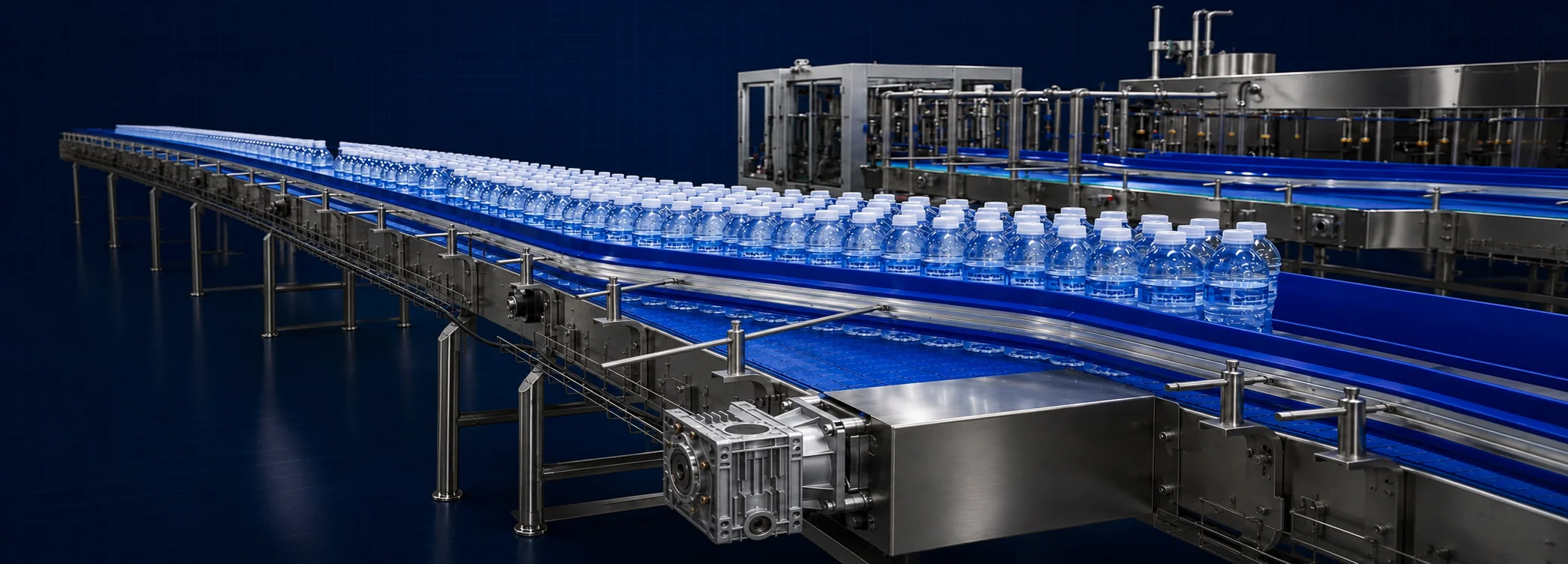 Bottled water conveyor line transporting PET bottles through automated filling equipment, Planet Machinery