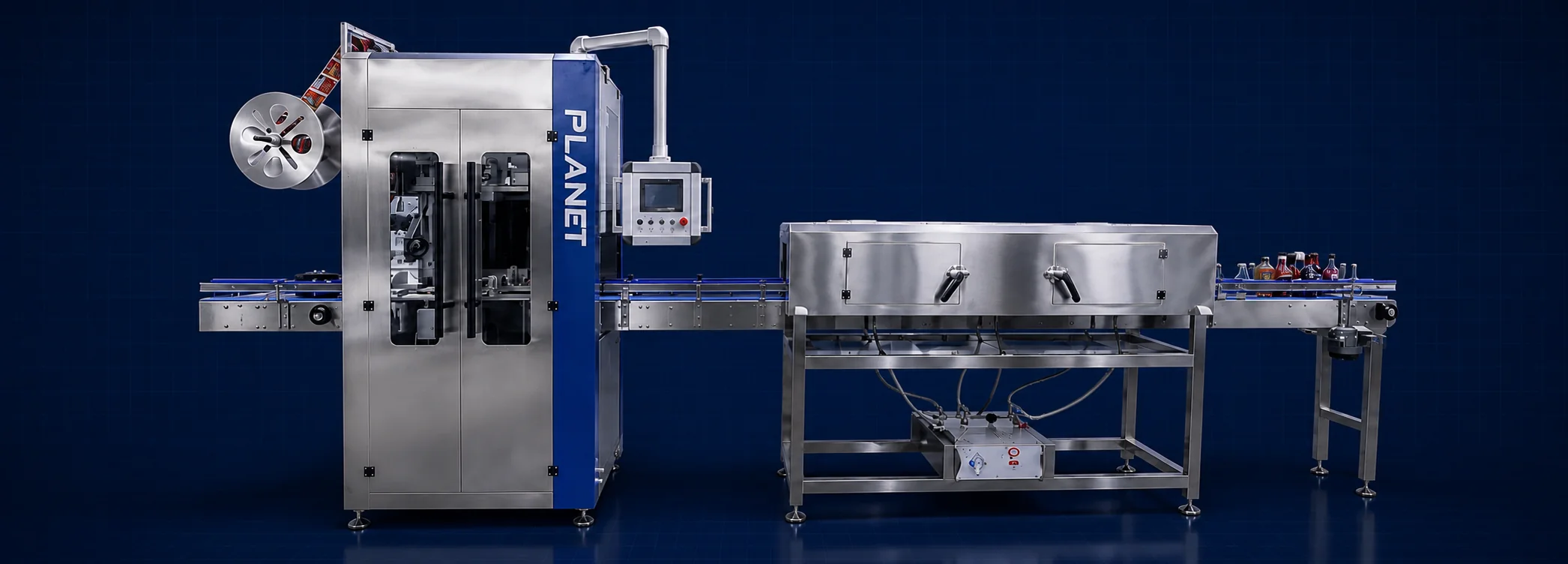 Automated sleeve labeling machine with shrink tunnel and bottle conveyor line, Planet Machinery