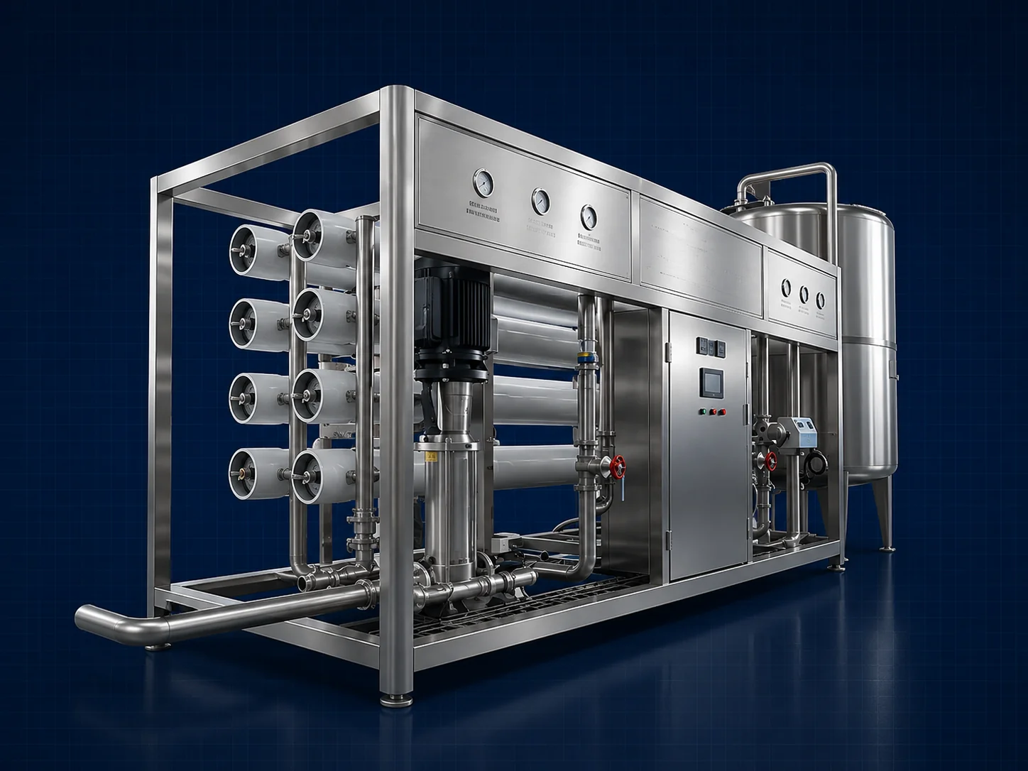 Industrial reverse osmosis water treatment system with membrane housings, Planet Machinery