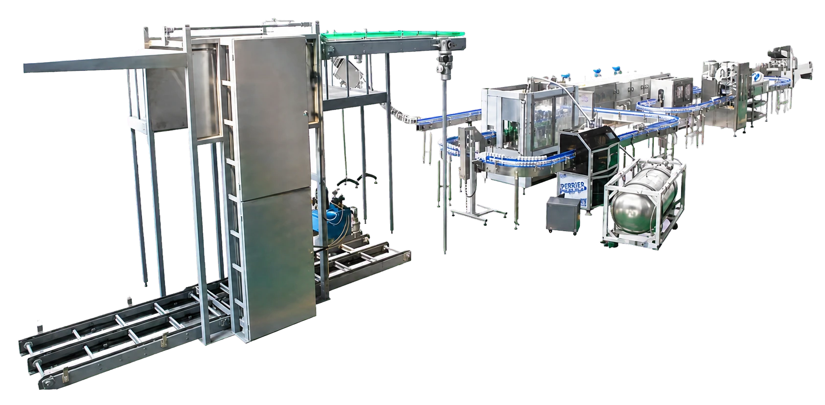 Isometric beer bottling line with bright tanks, bottle filler capper and pasteurizer conveyors, Planet Machinery