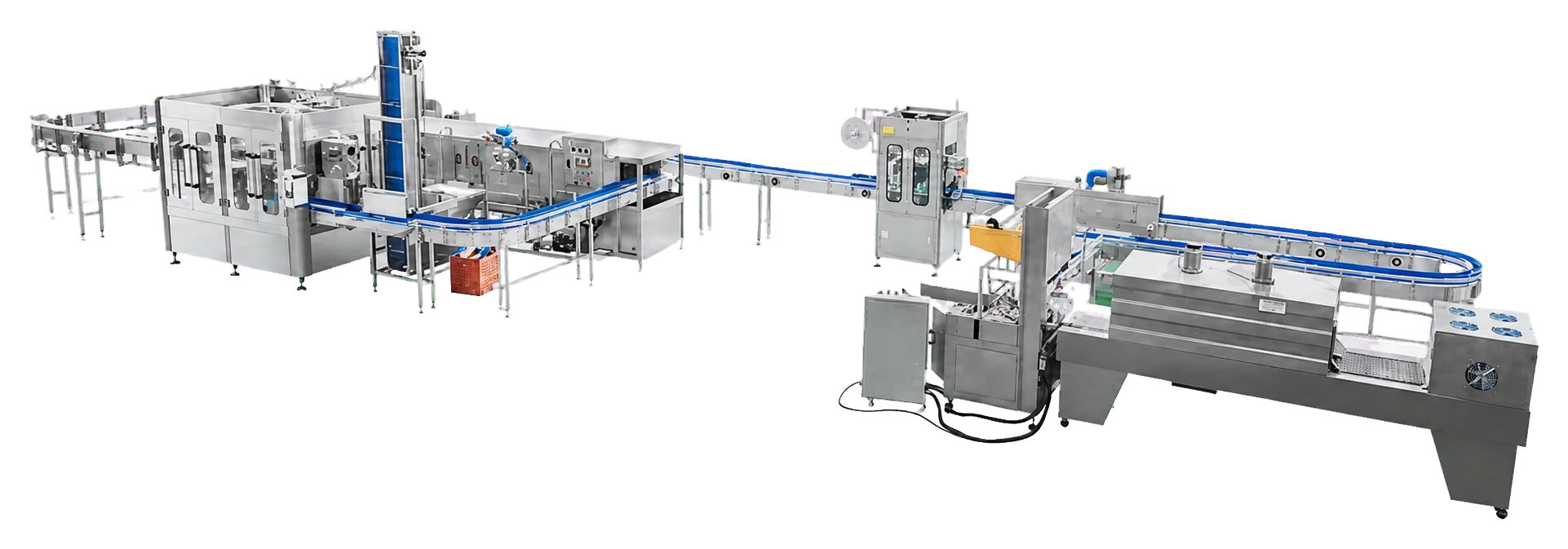 Isometric carbonated soft drink filling line with counter-pressure filler and teal conveyors, Planet Machinery
