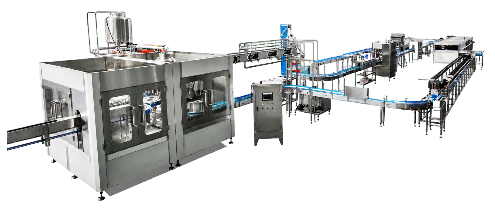 Isometric hot-fill and aseptic juice and tea filling line with teal conveyors, Planet Machinery
