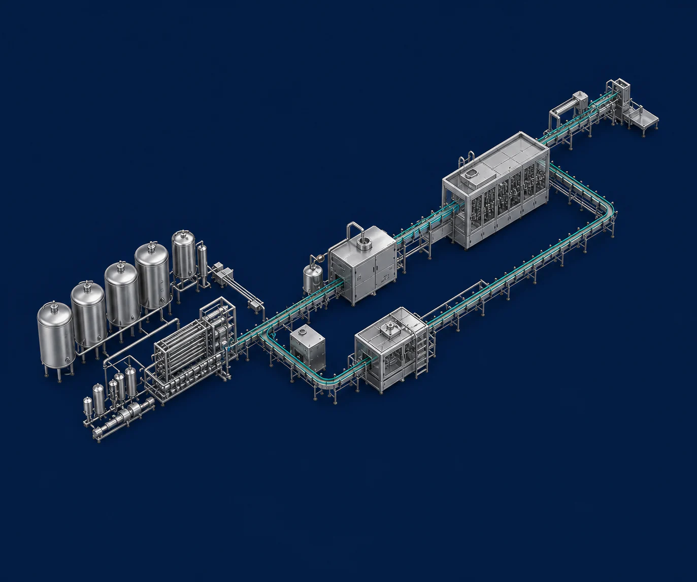 Isometric hot-fill and aseptic juice and tea filling line with teal conveyors, Planet Machinery