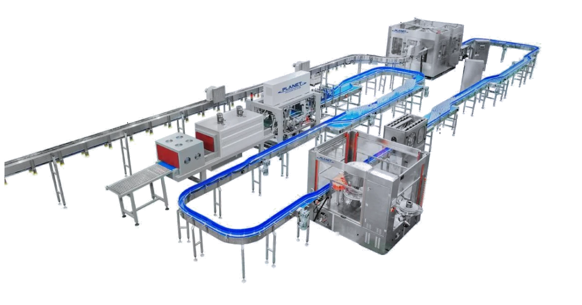 Isometric water bottling line with treatment tanks, rinser filler capper and PET conveyors, Planet Machinery