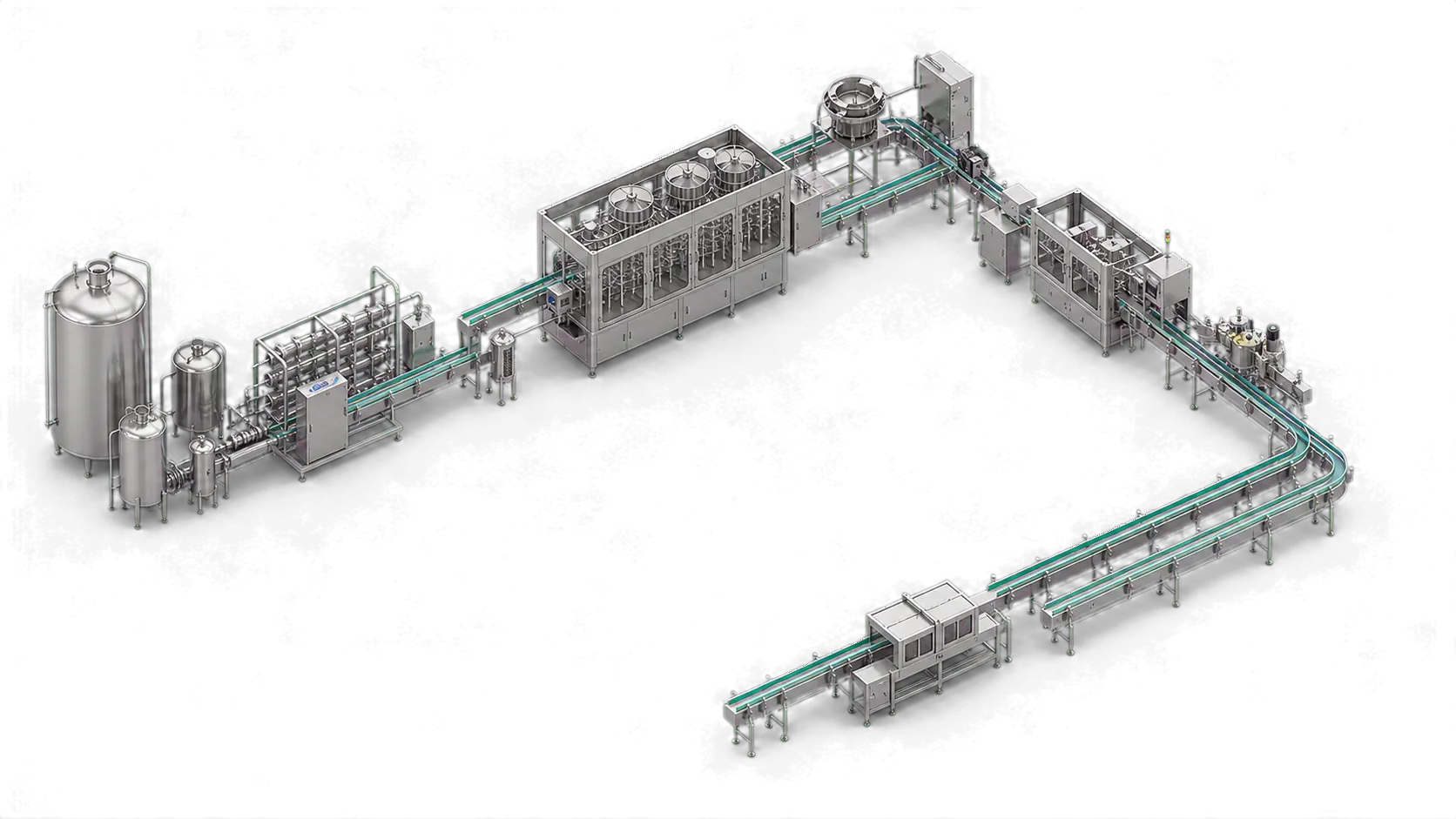 Isometric water bottling line with treatment tanks, rinser filler capper and PET conveyors, Planet Machinery