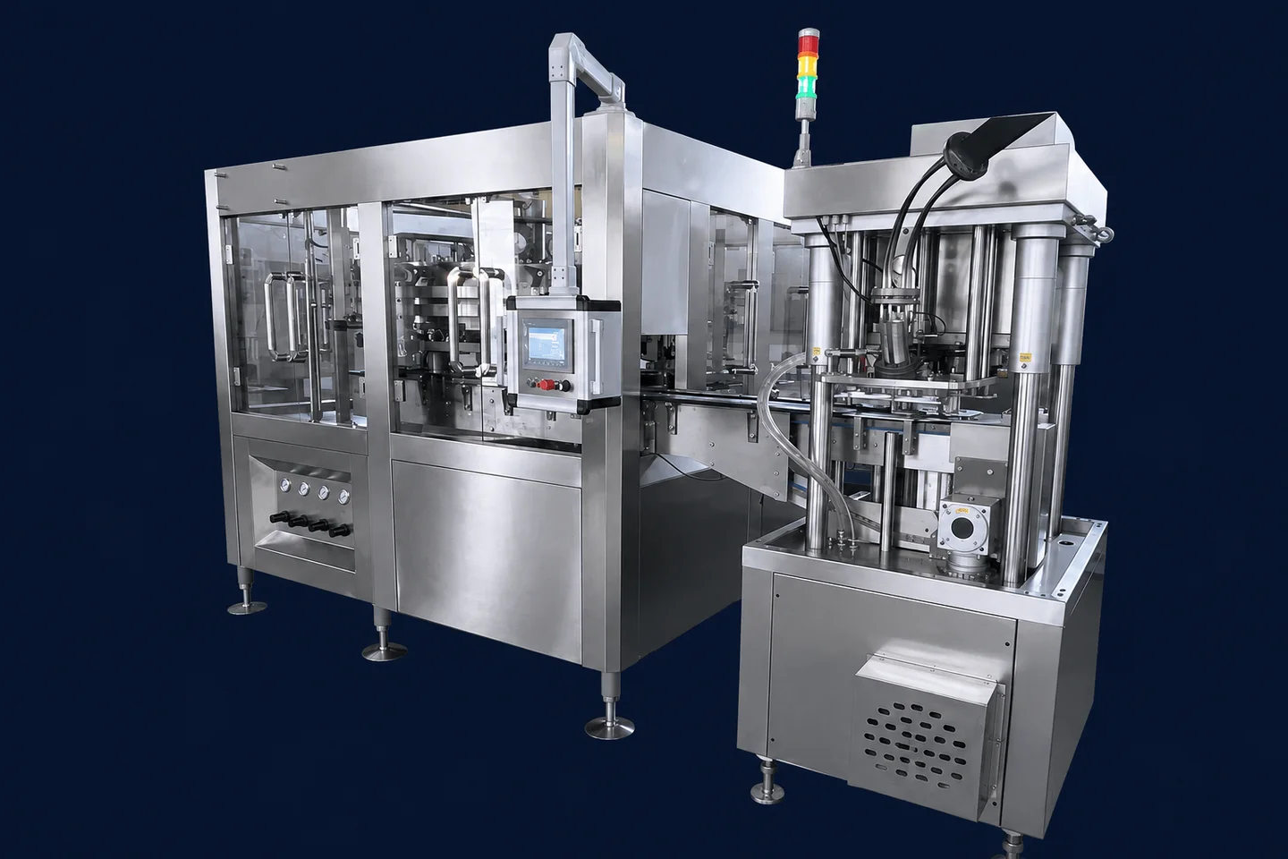 Rotary can filling and seaming machine on a navy background