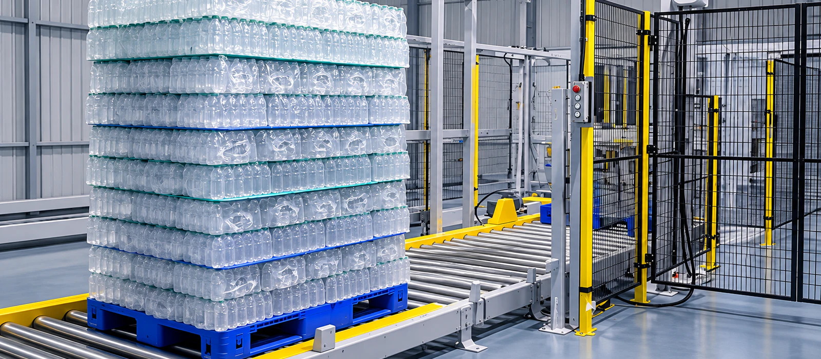 Finished bottle packs stacked on a pallet at an automated pallet conveyor and handling station
