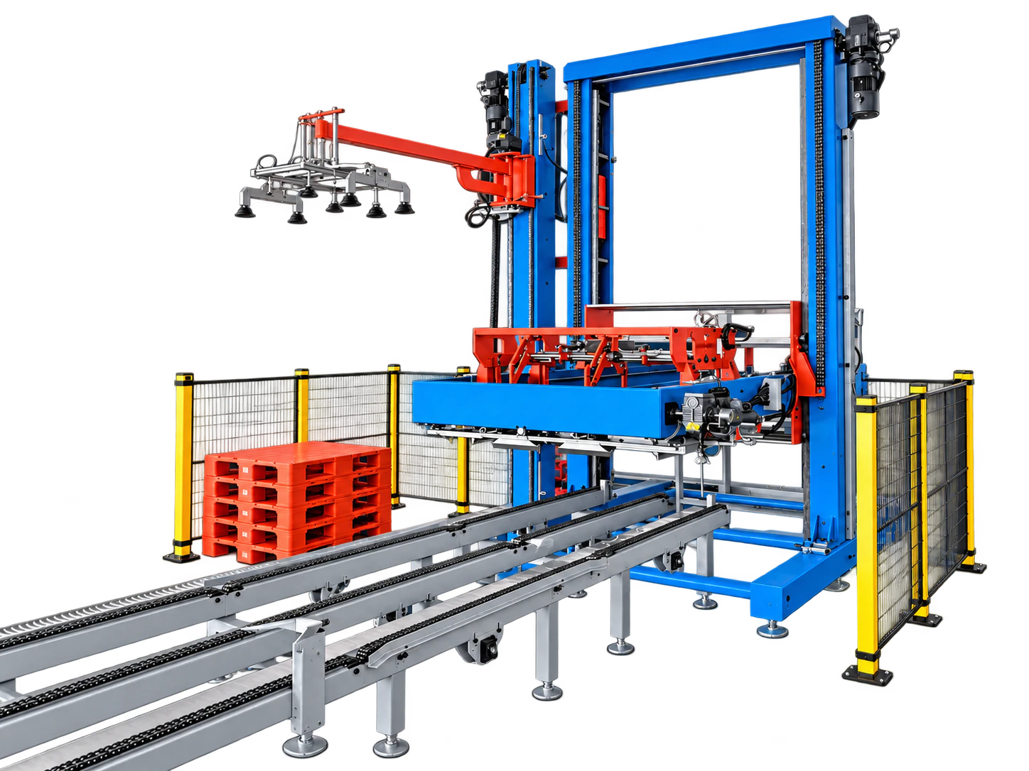 Automatic glass bottle depalletizing system with blue gantry, red lifting arm, safety fencing, pallets and conveyors
