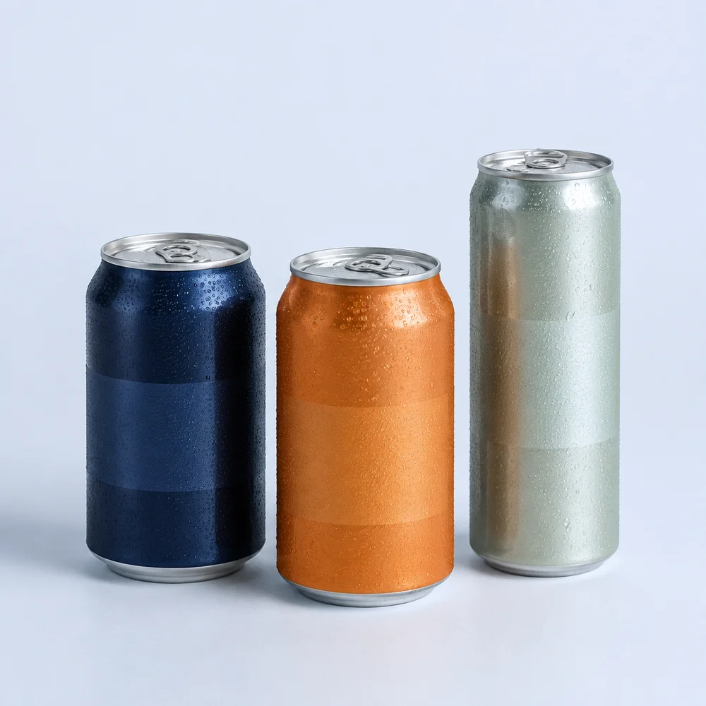 Three unbranded navy, orange and silver-green beverage cans with closed easy-open lids