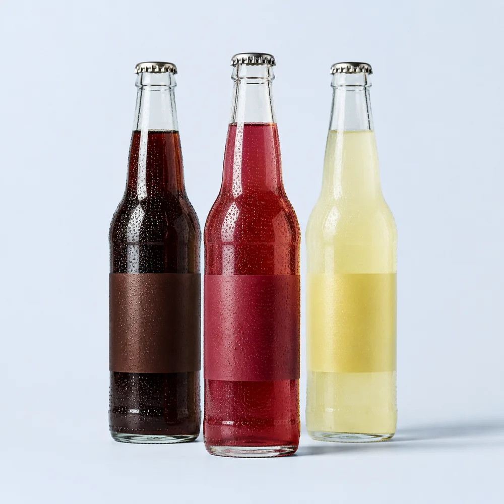 Unbranded cola, ruby-red sparkling drink and pale lemon soda in clear glass bottles with silver crown caps