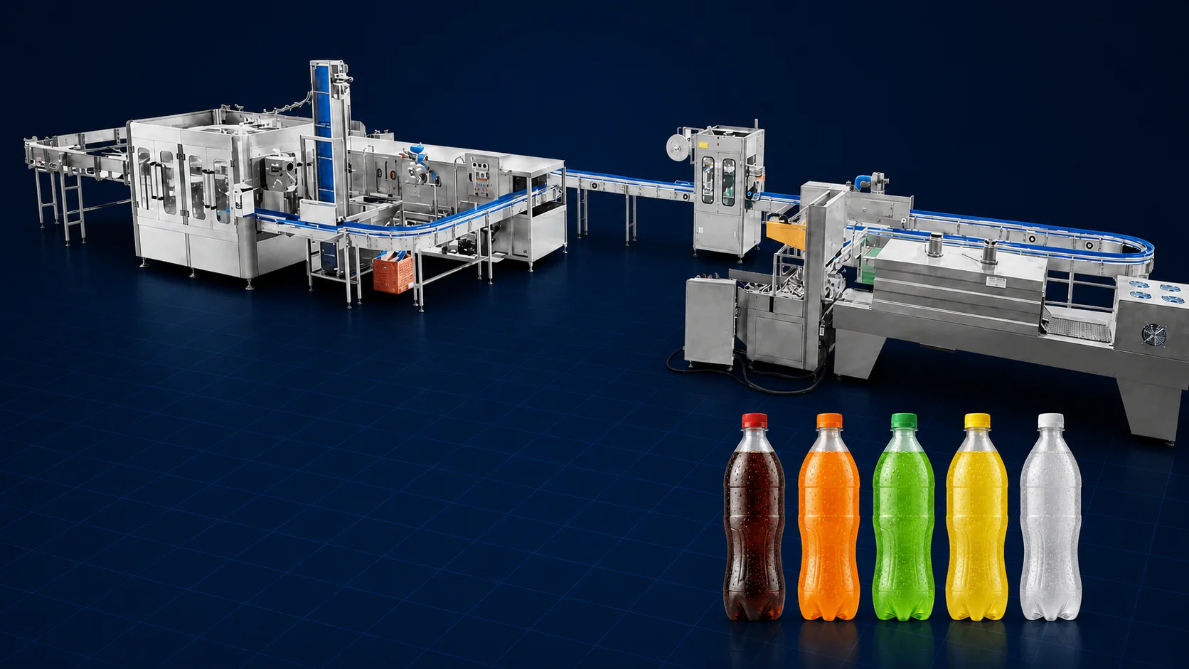 Complete carbonated soft drink filling and packaging line