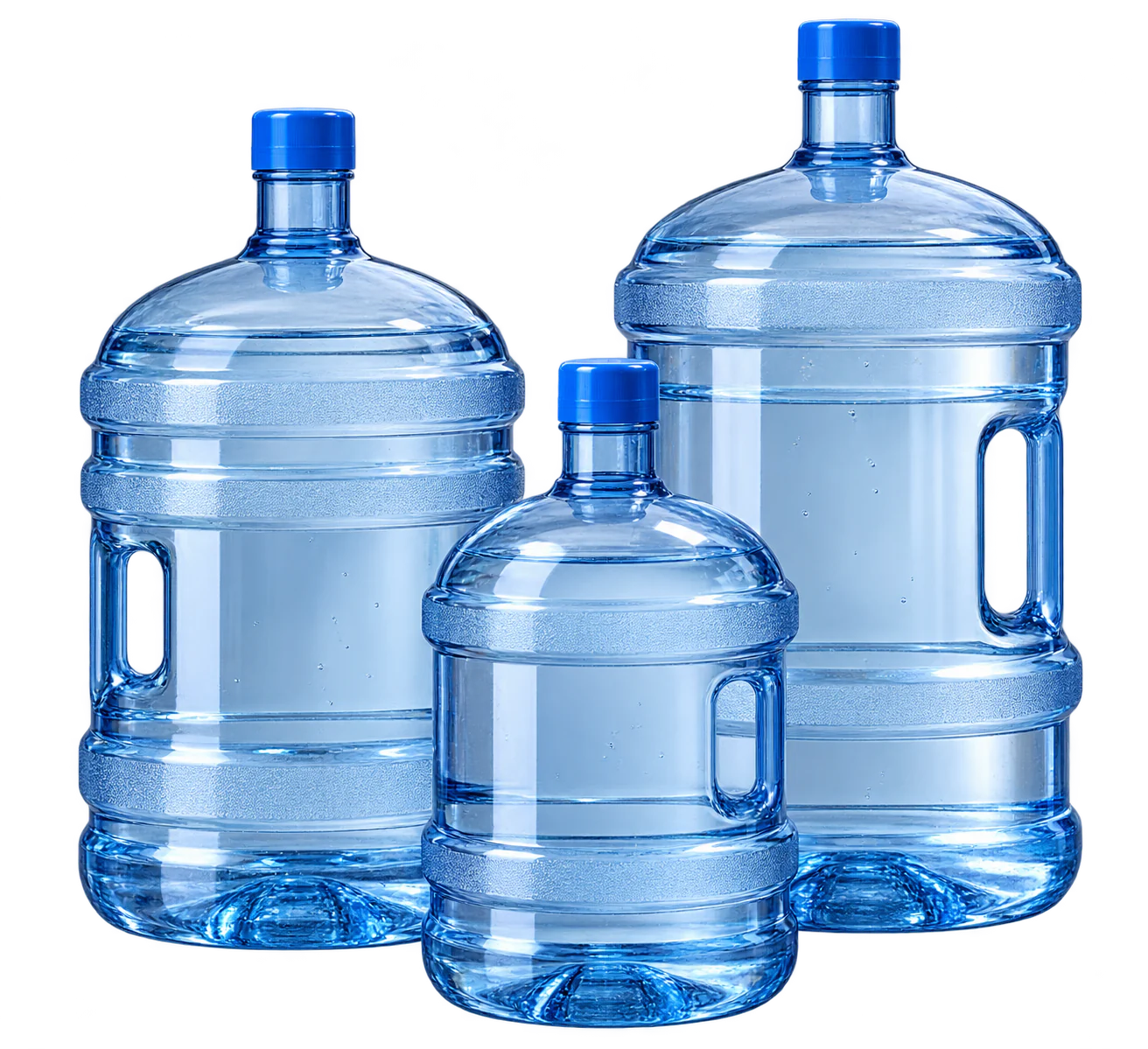 Three finished clear returnable water jugs in three-gallon and five-gallon formats