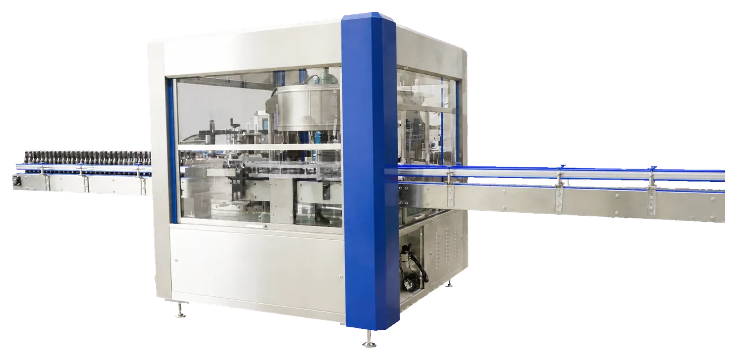 Rotary adhesive labeling machine for glass bottles