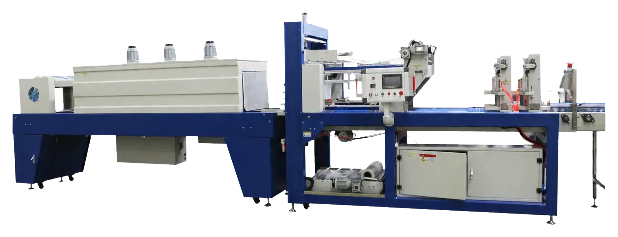 Shrink wrapping machine for large PET bottles