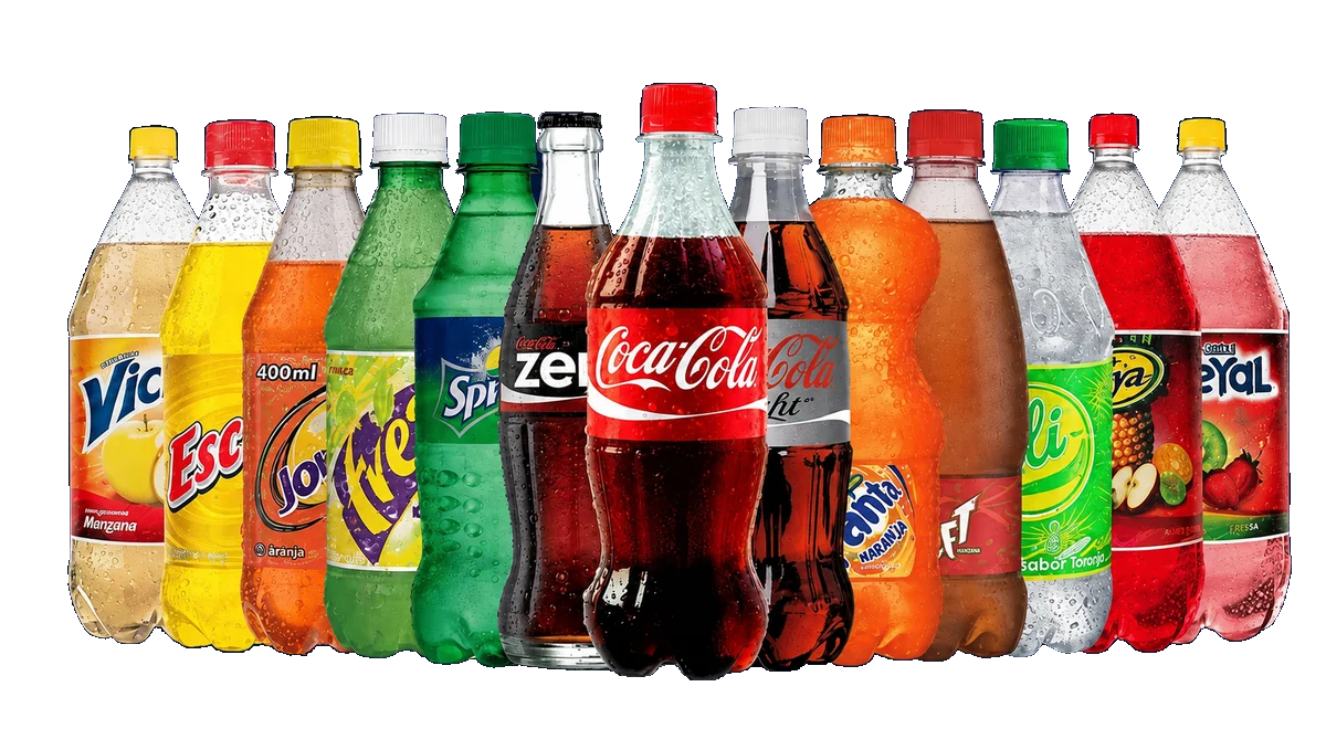 Assorted branded soda bottles including Coca-Cola and Sprite, presented as beverage packaging examples