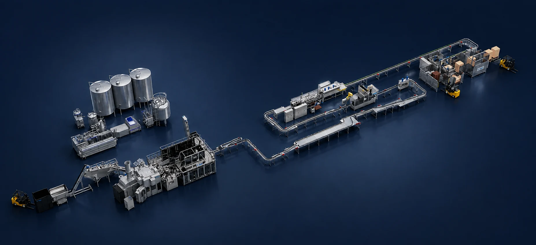 Three-dimensional overview of a complete PET carbonated soft drink production line with beverage preparation, filling, conveying and end-of-line packaging equipment