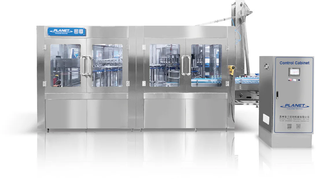 PET water filling monoblock with integrated PLC control cabinet