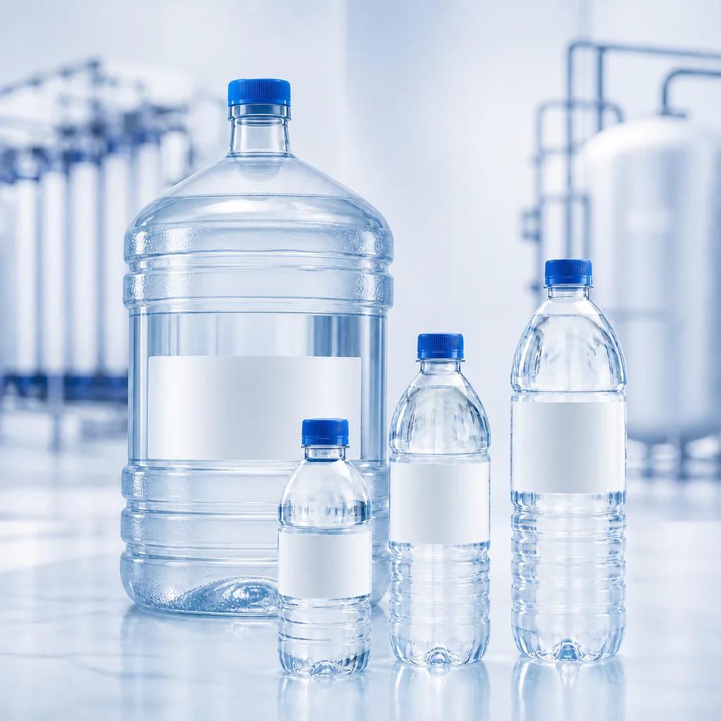 Unbranded purified water products in clear PET bottles